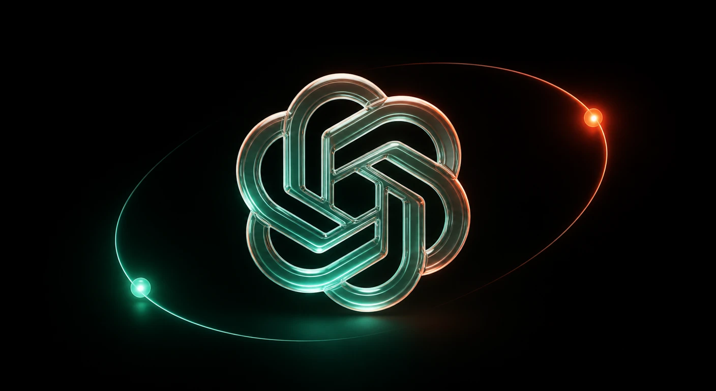 Glass ChatGPT symbol surrounded by green and orange light