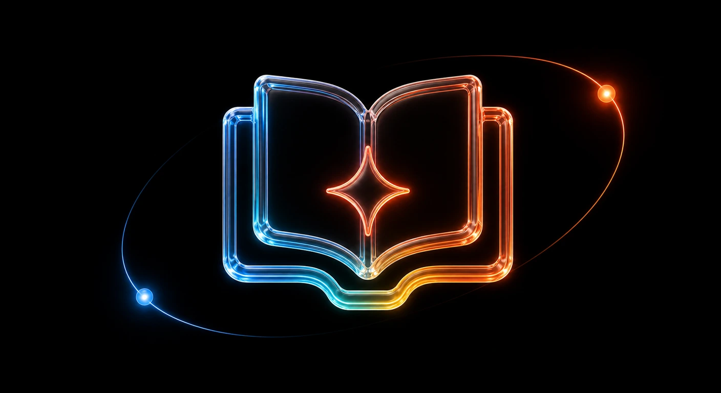 Glass NotebookLM symbol with blue and orange lighting