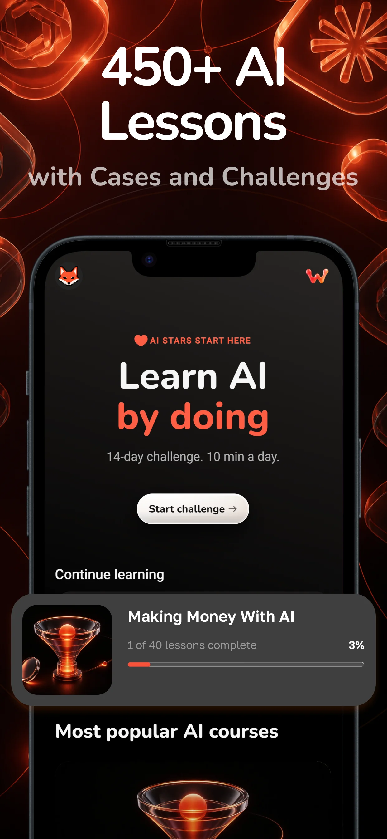 WexAI App Store preview showing AI lessons and the learning challenge