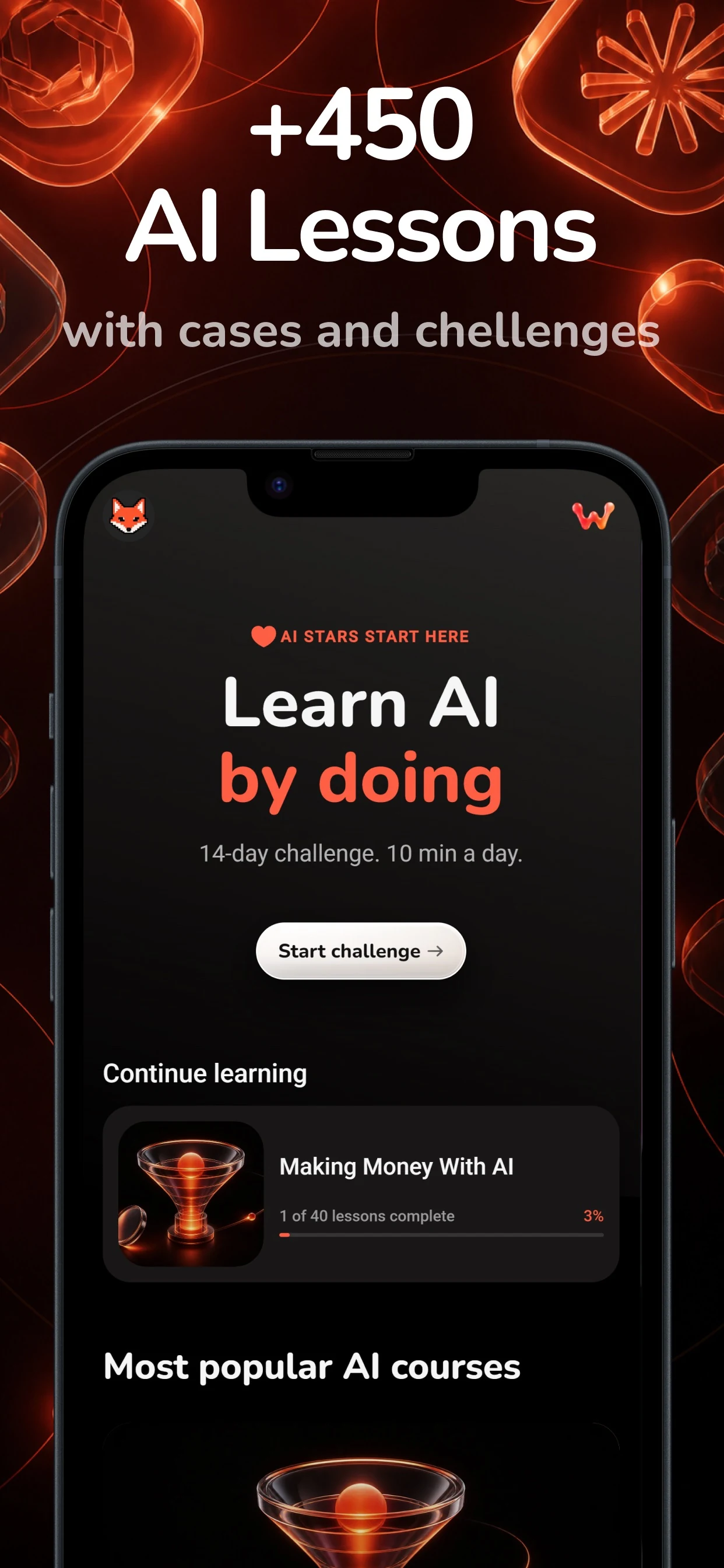 WexAI App Store preview showing AI lessons and the learning challenge